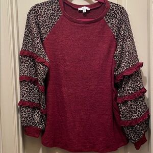 Burgundy Leopard Print Ruffle Sleeve Sweatshirt